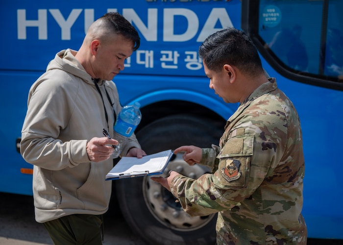 U.S. Air Force Staff Sgt. Clarence Baton, 3rd Audiovisual Squadron command support staff, processes redeployments during Freedom Shield 26 at Osan Air Base, Republic of Korea, March 20, 2026. Rush Park helps meet the demands of increased follow-on forces by being equipped with tents and expeditionary support infrastructure. FS26 presents augmentees with realistic scenarios to strengthen defense capabilities.