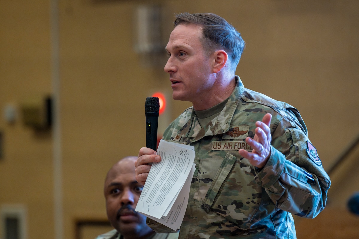 U.S. Air Force Col. Paul Davidson, 35th Fighter Wing (FW) commander, delivers closing remarks during a 35th FW open forum town hall at Misawa Air Base, Japan, Feb. 18, 2026.