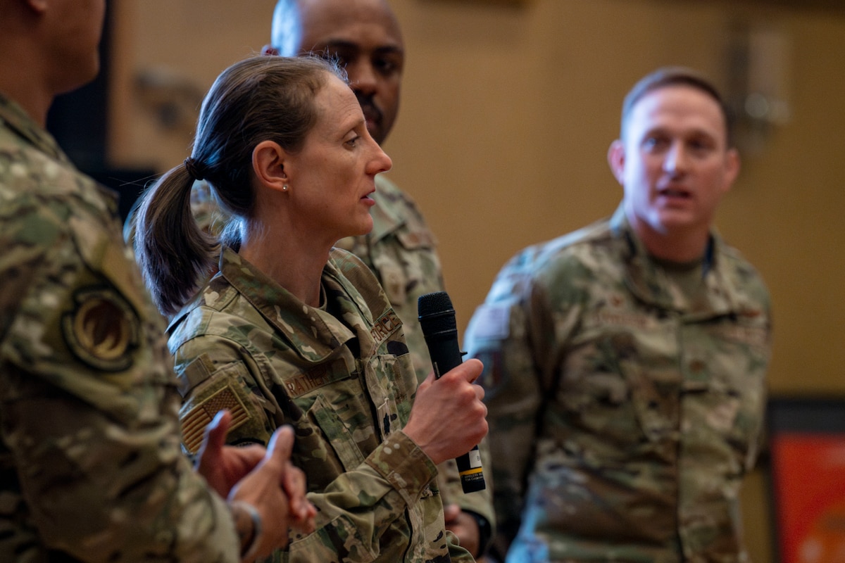 U.S. Air Force Lt. Col. Michelle Prather, 35th Operational Medical Readiness Squadron (OMRS) Dental Flight commander, introduces herself as a panel member during a 35th Fighter Wing (FW) open forum town hall at Misawa Air Base, Japan, Feb. 18, 2026.