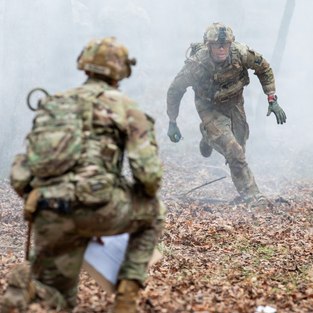 U.S. Air Force Tech Sgt. Chandler Durden, a security forces specialist, representing the Savannah-based 165th Airlift Wing, Georgia Air National Guard, sprints forward on the testing lane during the Hand Grenade Course event of the 2026 Georgia Army National Guard State Best Warrior Competition, Mar. 11, 2026, at the Catoosa Volunteer Training Site, Ringgold, Georgia. The competition demonstrates the readiness and lethality of the Georgia DoD and country of Georgia Defence Force soldiers by testing the competitors with physical fitness assessments, written exams, and other warrior tasks and battle drills. (U.S. Army National Guard photo by Pfc. Emerson Sneary)