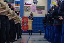 Retired U.S. Marine Corps Sgt. Maj. Vincent Santiago, program director, Okkodo High School Junior Reserve Officers’ Training Corps, speaks to ROTC students during an island-wide third annual drill competition at Okkodo High School, Dededo, Guam, Jan. 17, 2026. Okkodo High School held the drill competition with active-duty service members serving as judges to evaluate each school’s performance in unarmed, armed, and color guard competitions with both regulation and exhibition routines. (U.S. Marine Corps photo by Lance Cpl. Afton Smiley)