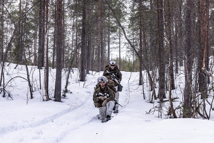 A man in a camouflage military uniform carrying a rifle kneels on a snowy path in the woods while another man in similar attire stands behind him.