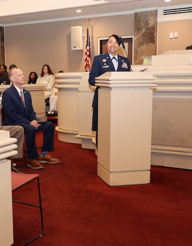 Air Force Col. Shamekia Toliver, 42d Air Base Wing commander, delivers comments at the Alabama State House, March 19, 2026, during a joint session of the legislature.