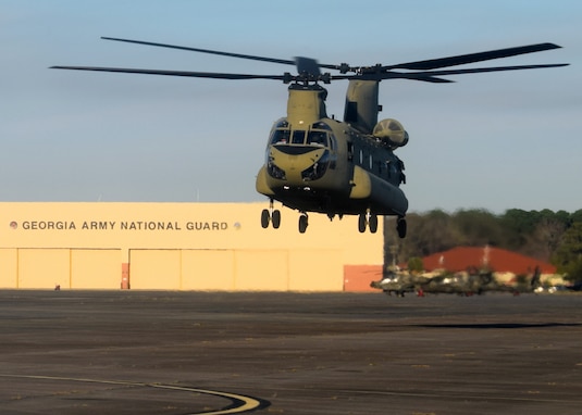 A CH-47 of the Ga. Army National Guard's Bravo Company 1-169th General Support Aviation Battalion departs on mission from Army Aviation Support Facility Number 3 at Hunter Army Airfield Jan. 8, 2019.