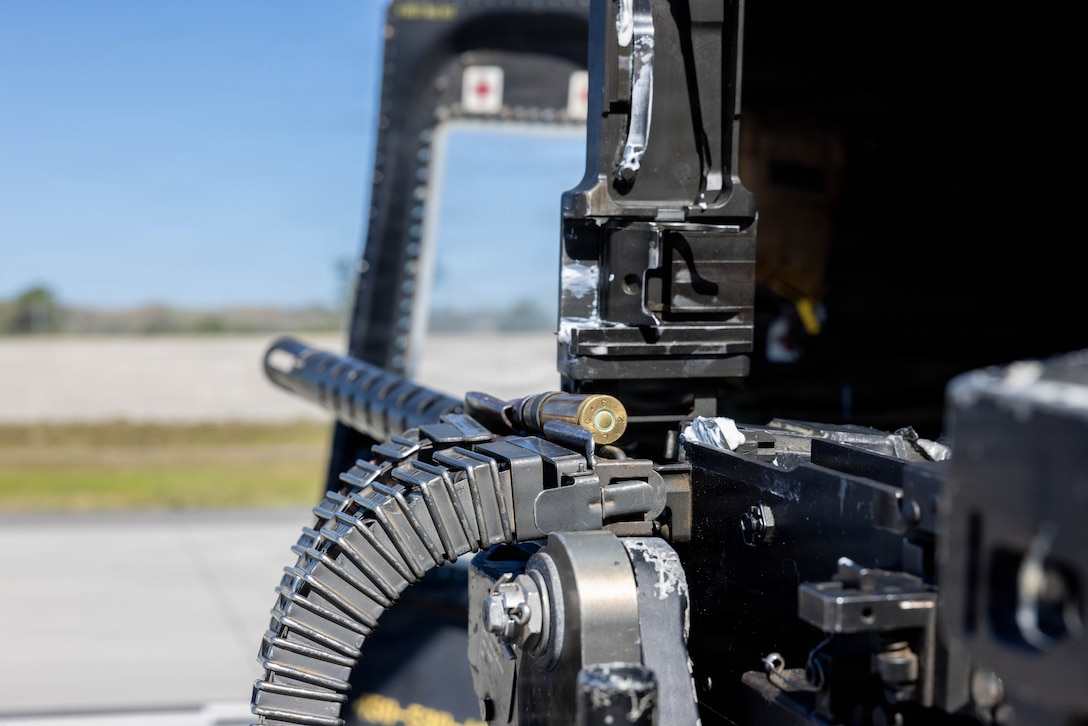 Ammunition for a GAU-21 .50 caliber machine gun sits in chamber before a live-fire exercise on Marine Corps Base Camp Pendleton, California, March 19, 2026.