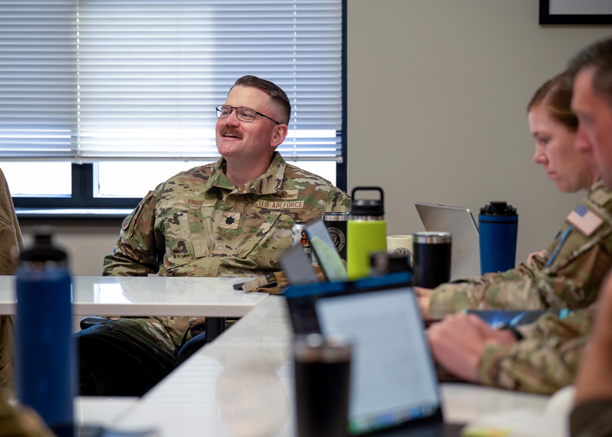U.S. Air Force Lt. Col. Patrick Vinge, School of Advanced Aerospace Studies student, participates in a class discussion at Maxwell Air Force Base, Alabama, Mar. 16, 2026.