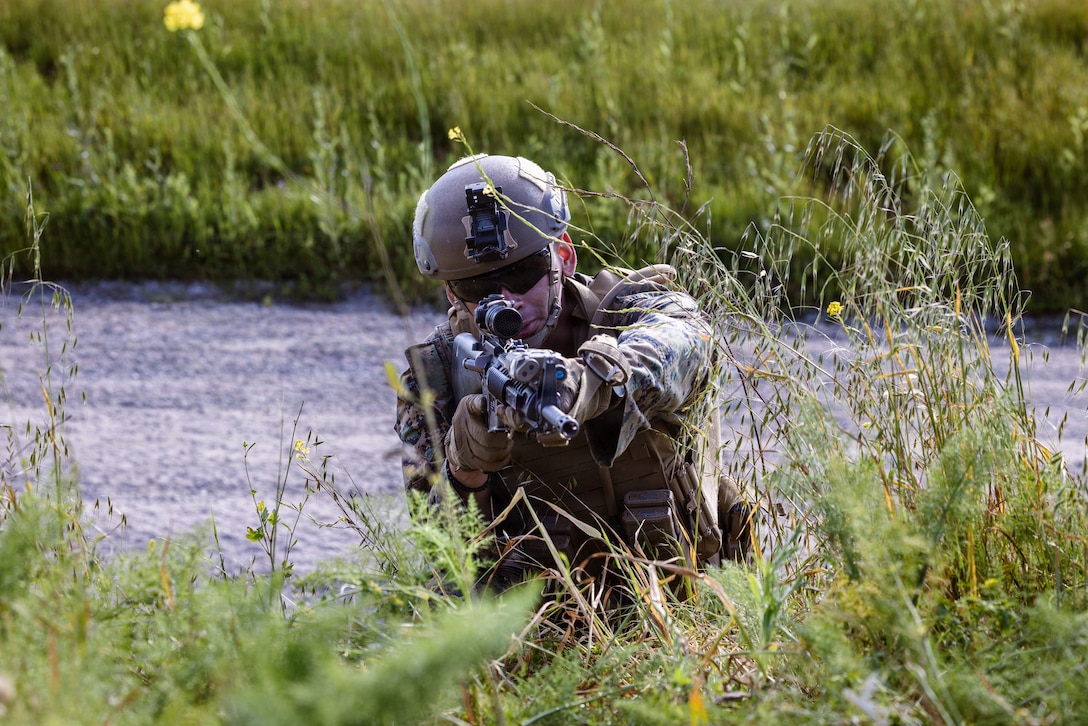 U.S. Marine Corps Pfc. Duvan Renderos, a rifleman assigned to Battlespace Surveillance Company, 1st Intelligence Battalion, I Marine Expeditionary Force Information Group and California native, conducts a dry run prior to live-fire training during a BSC field exercise at Marine Corps Base Camp Pendleton, California, March 10, 2026.