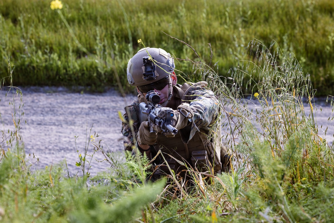 U.S. Marine Corps Pfc. Duvan Renderos, a rifleman assigned to Battlespace Surveillance Company, 1st Intelligence Battalion, I Marine Expeditionary Force Information Group and California native, conducts a dry run prior to live-fire training during a BSC field exercise at Marine Corps Base Camp Pendleton, California, March 10, 2026.