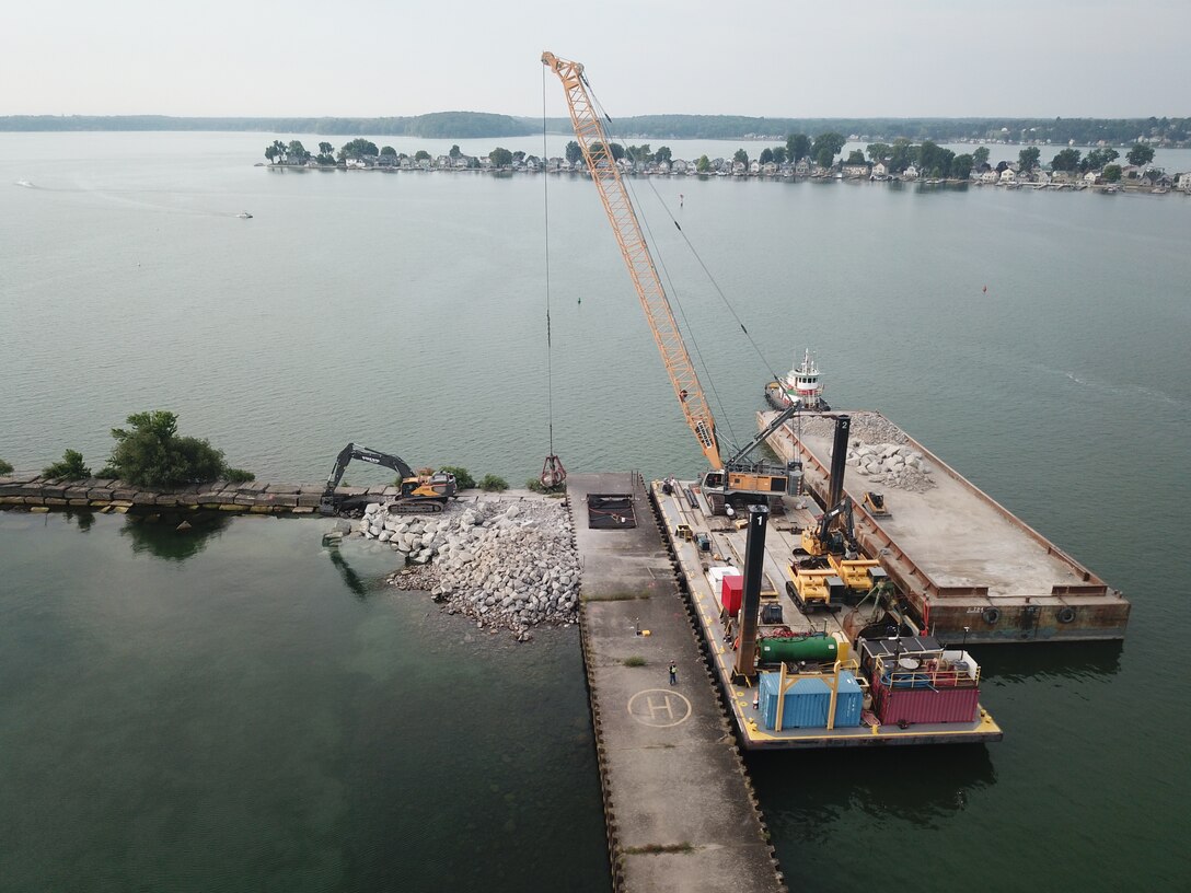 The Great Sodus Bay East Breakwater undergoes repairs by contractors for the U.S. Army Corps of Engineers, Buffalo District in Sodus Point, New York, Aug. 17, 2025.