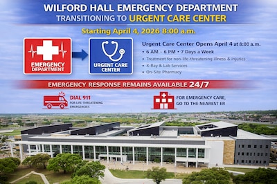 Wilford Hall Ambulatory Surgical Center will transition from an Emergency Department to an Urgent Care Center beginning April 4, 2026, at 8:00 a.m.