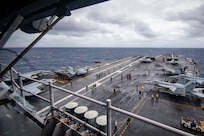 Carrier Air Wing 8 aircraft launch from the flight deck of the world’s largest aircraft carrier, Ford-class aircraft carrier USS Gerald R. Ford (CVN 78), while underway in the Caribbean Sea, Feb. 3, 2026. U.S. military forces are deployed to the Caribbean in support of the U.S. Southern Command mission, Department of War-directed operations, and the president’s priorities to disrupt illicit drug trafficking and protect the homeland. (U.S. Navy photo)