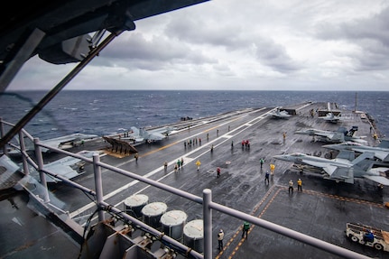 Carrier Air Wing 8 aircraft launch from the flight deck of the world’s largest aircraft carrier, Ford-class aircraft carrier USS Gerald R. Ford (CVN 78), while underway in the Caribbean Sea, Feb. 3, 2026. U.S. military forces are deployed to the Caribbean in support of the U.S. Southern Command mission, Department of War-directed operations, and the president’s priorities to disrupt illicit drug trafficking and protect the homeland. (U.S. Navy photo)