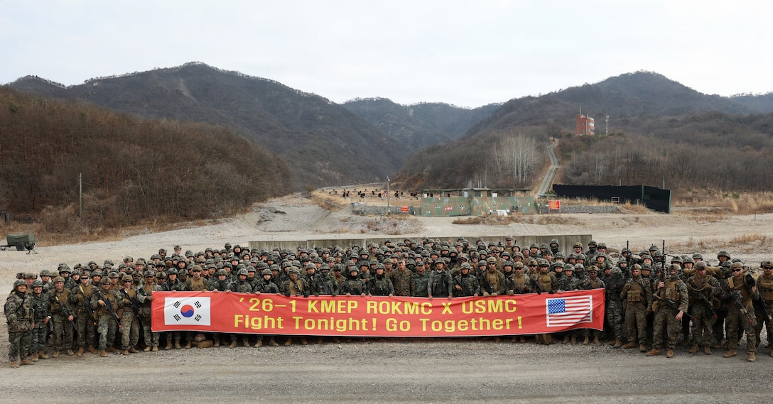 U.S. Marines with 12th Littoral Combat Team, 12th Marine Littoral Regiment, 3rd Marine Division, and Republic of Korea Marines with 1st ROK Marine Division pose for a photo during exercise Freedom Shield 26 and the Korean Marine Exchange Program in Pohang, Republic of Korea, March 16, 2026. The exercise prepares participants to respond to a range of emerging threats, including cyber warfare, missile defense, and asymmetric tactics, ensuring a comprehensive approach to national defense. 

(U.S. Marine Corps photo by Master Sgt. Daniel Wetzel)