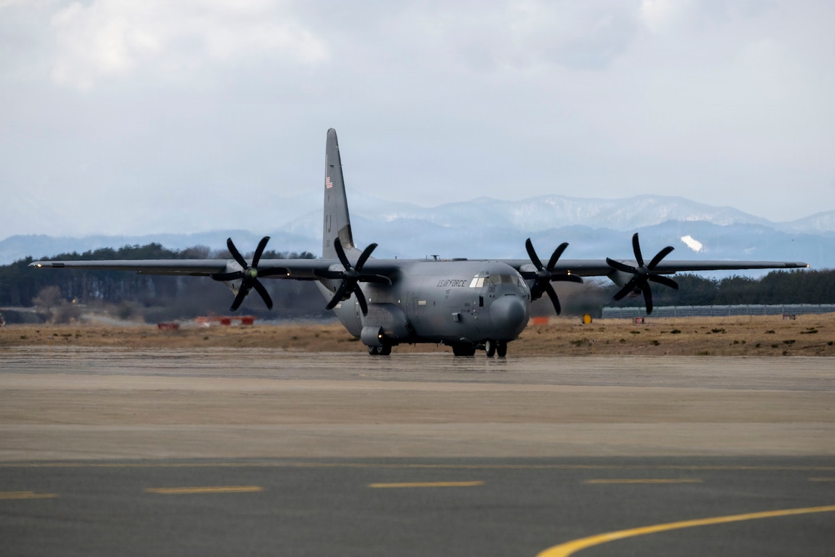A U.S. Air Force C-130J Super Hercules assigned to the 374th Airlift Wing taxis on the flight line during Freedom Lift as part of Exercise Freedom Shield at Misawa Air Base, Japan, March 10, 2026.