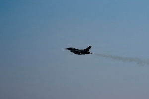A U.S. Air Force F-16 Fighting Falcon assigned to the 14th Fighter Squadron take off at Misawa Air Base, Japan, March 18, 2026. The F-16 Fighting Falcon is a compact, multi-role fighter aircraft that has proven itself in air-to-air combat and air-to-surface attack. It provides a relatively low-cost, high-performance weapon system for the United States and allied nations. (U.S. Air Force photo by Senior Airman Brittany Russell)