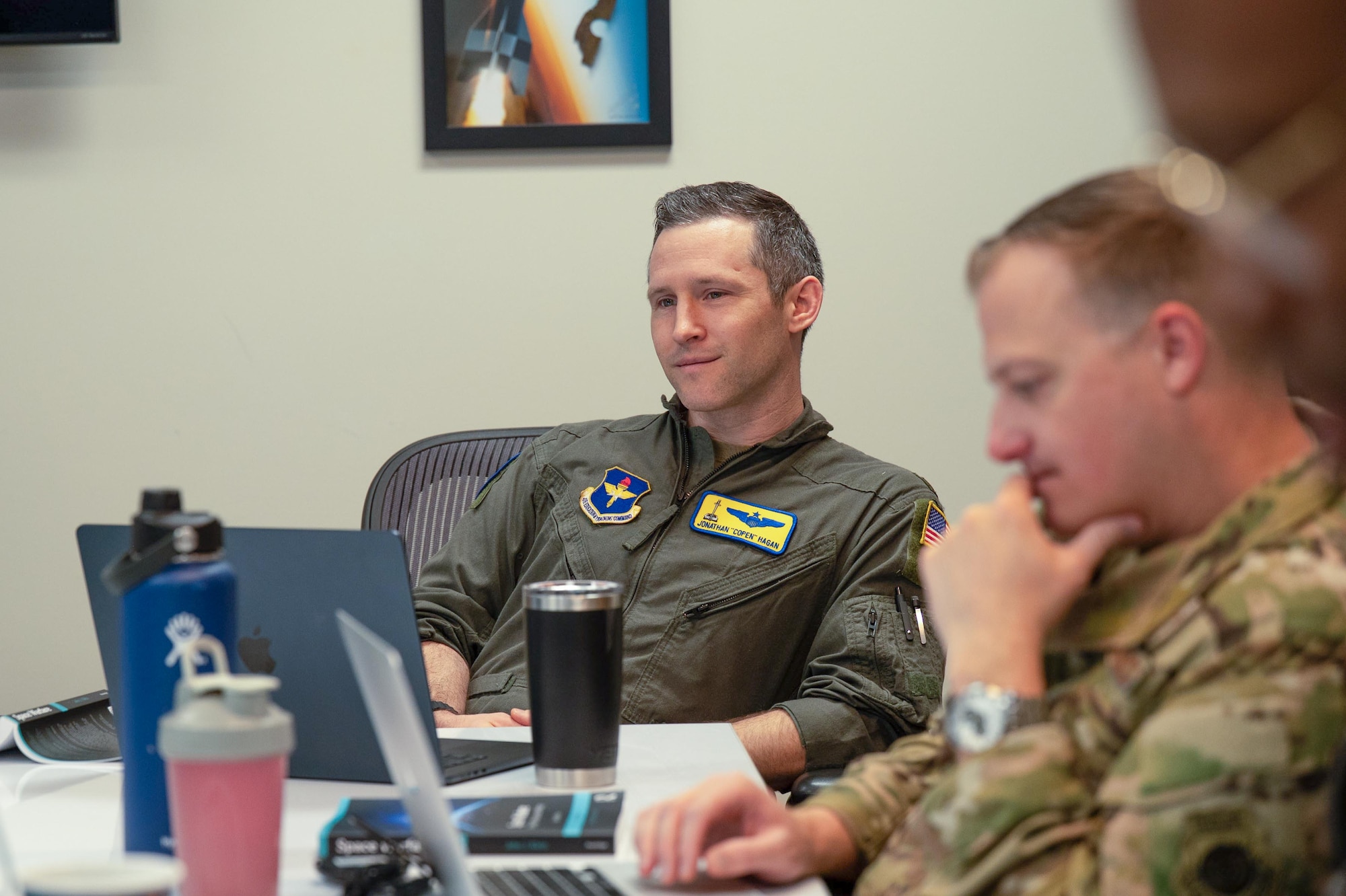 U.S. Air Force Maj. Jonathan Hagan, School of Advanced Air and Space Studies student, participates in a class disscusion during a seminar at Maxwell Air Force Base, Alabama, Mar. 23, 2026.