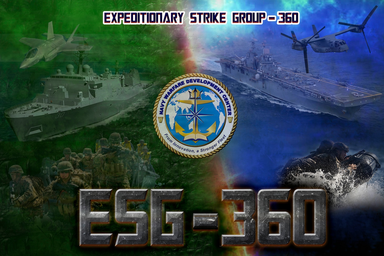 Navy Warfare Development Center'S Expeditionary Strike Group (ESG) 360 graphics. ESG-360 is a war game exercise designed to rigorously test and prepare Fleets' ESG staffs for high-intensity conflict scenarios. These exercises sharpen warfighter tactics and decision-making against increasingly sophisticated and lethal adversaries.