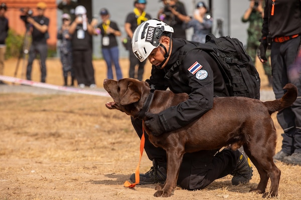 Mi‑6, the royal pet dog of Her Royal Highness Princess Sirivannavari Nariratana Rajakanya, prepares for a search as part of the humanitarian assistance and disaster relief demonstration during Exercise Cobra Gold 2026 at the Disaster Relief Training Centre, Phanom Sarakham District, Chachoengsao, Thailand, Feb. 27, 2026.