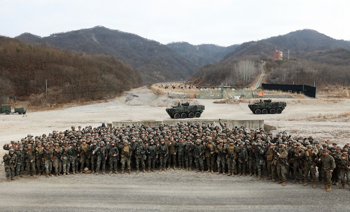 U.S. Marines with 12th Littoral Combat Team, 12th Marine Littoral Regiment, 3rd Marine Division, and Republic of Korea Marines with 1st ROK Marine Division pose for a photo during exercise Freedom Shield 26 and the Korean Marine Exchange Program in Pohang, Republic of Korea, March 16, 2026.