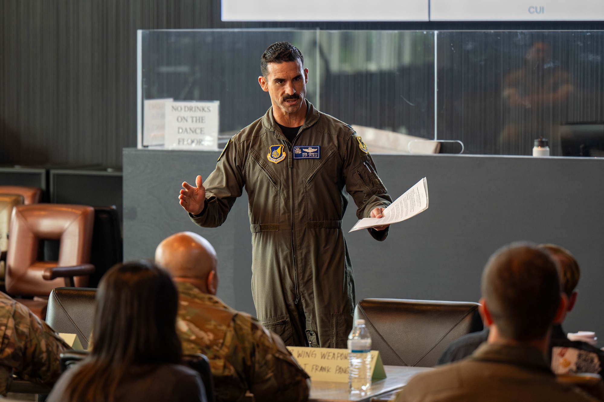U.S. Air Force Col. Robert Arnett, 18th Wing deputy commander, speaks to attendees during the inaugural Joint Okinawa Safety Summit at Kadena Air Base, Japan, March 20, 2026. The discussions focused on identifying common risks and developing joint solutions to improve safety and mission effectiveness across Okinawa. (U.S. Air Force photo by Airman 1st Class Nathaniel Jackson)