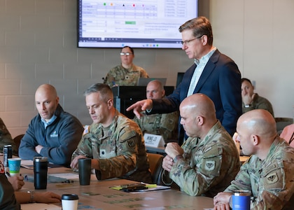 John Griese, senior wargame designer and facilitator supporting the National Guard Bureau’s Wargaming and Analysis Branch, addresses Wisconsin Department of Military Affairs personnel taking part in the National Guard’s Presidio Endeavor wargame at the Armed Forces Reserve Center in Madison, Wisconsin, March 12, 2026.