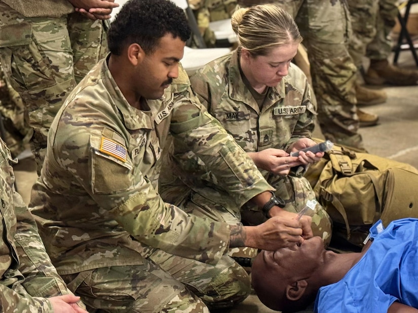 Kentucky Army National Guard combat medics from the 201st Headquarters company conducts medical refresher training to ensure readiness for upcoming missions, at Wendell H. Ford regional training center, March 2, 2026.