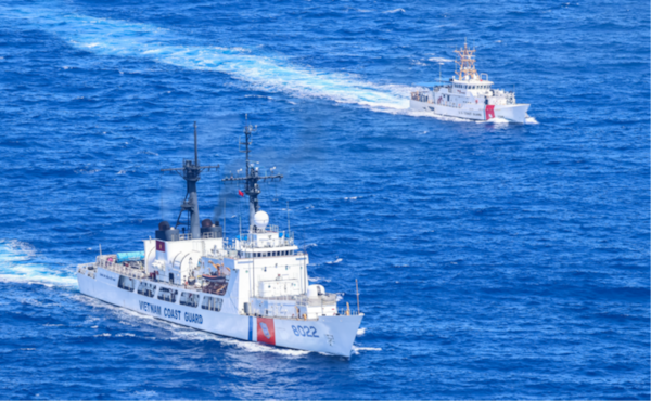 Former Coast Guard Cutter Mellon, now part of the Vietnam Coast Guard, participates in a communications exercise with Coast Guard Cutter Joseph Gerczak off Hawaii during the high endurance cutter’s transit to Vietnam following completion of transfer activities.