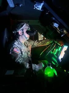 A U.S. Army Reserve Soldier from the 961st Movement Control Team, 77th Sustainment Brigade, executes night driving training during Exercise Liberty Victory at Joint Base McGuire-Dix-Lakehurst, N.J., March 13, 2026. Members of the 961st MCT were among the more than 1,000 “Liberty Warriors" assigned to the 77th SB who participated in the field training exercise, which focused on building combat readiness, reinforcing warfighter skills and preparing personnel for real-world deployments. (Courtesy photo)
