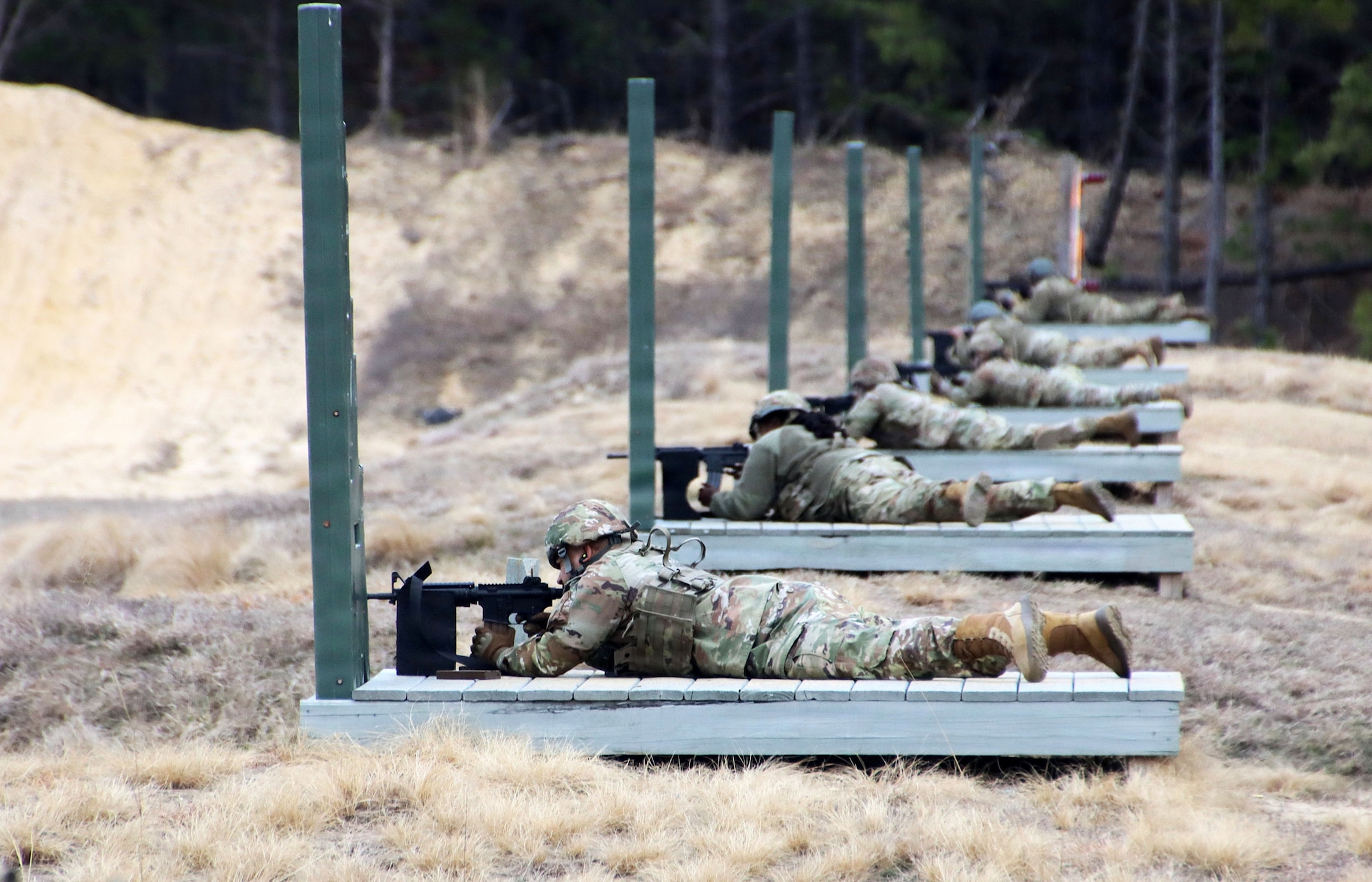 U.S. Army Reserve Soldiers assigned to the 77th Sustainment Brigade engage targets while zeroing their weapons as part of Exercise Liberty Victory at Joint Base McGuire-Dix-Lakehurst, N.J., March 14, 2026. The field training exercise, involving more than 1,000 Soldiers, focused on building combat readiness, reinforcing warfighter skills and preparing personnel for real-world deployments. (U.S. Army photo by Steven Roussel)