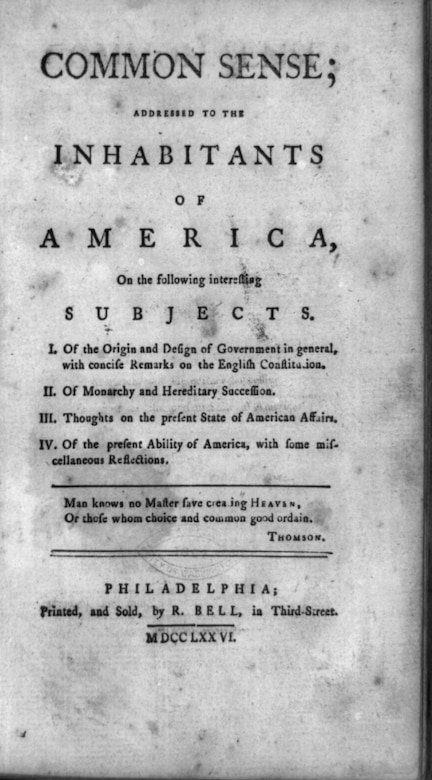 An old-looking document titled “Common Sense,” is worded in the old English text style.