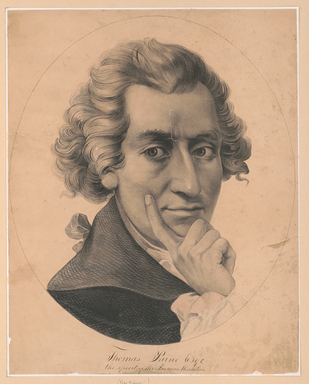 A man with light curly hair, shown from the neck up, places a finger on his right cheek in this lithograph. The man has a slight smile on his face.