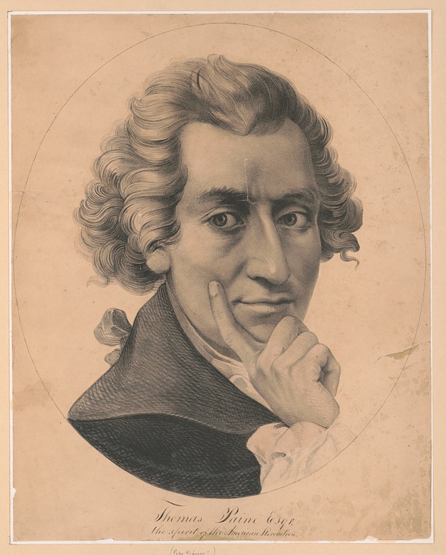 A man with light curly hair, shown from the neck up, places a finger on his right cheek in this lithograph. The man has a slight smile on his face.