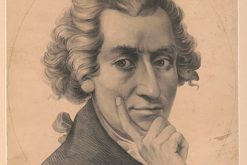 A man with light curly hair, shown from the neck up, places a finger on his right cheek in this lithograph. The man has a slight smile on his face.