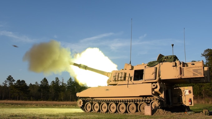 FORT STEWART, Ga. March 15, 2016 – A M109 Self-Propelled Howitzer assigned to the Georgia Army National Guard’s Battery A, 1st Battalion, 214th Field Artillery sends a 155 mm round down range during annual training at Fort Stewart, Ga. Battery A is based in Hartwell, Ga.

Georgia National Guard photo by Capt. William Carraway | Released