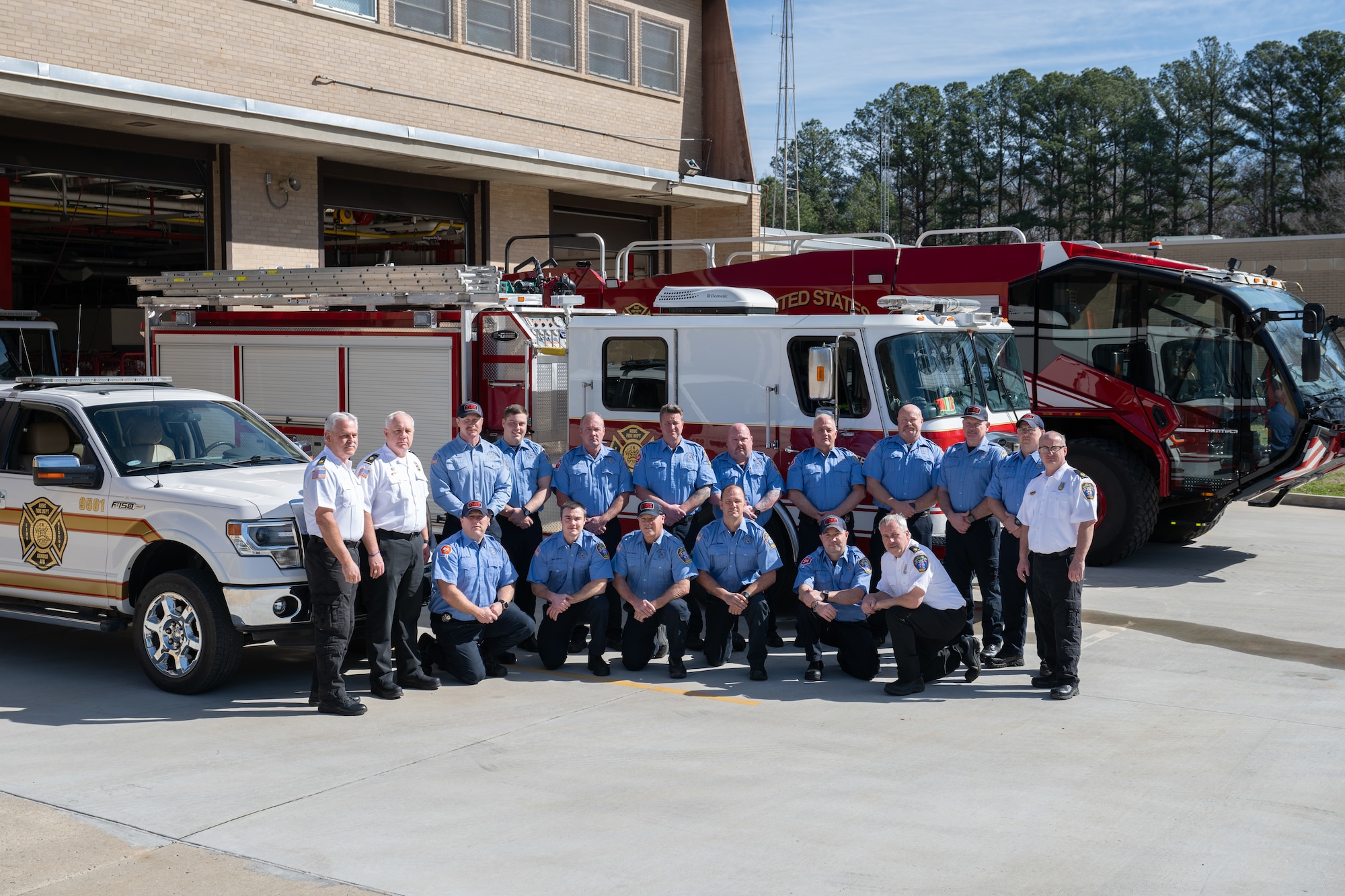 Members of the Arnold Air Force Base Fire and Emergency Services team assemble to recreate a photograph first taken in 1954, echoing the early days of the installation. The image serves as a tribute as Arnold AFB prepares to mark its 75th anniversary this June and honors the firefighters, engineers and Airmen whose work has shaped the base’s mission across generations. (U.S. Air Force photo by Keith Thornburgh)