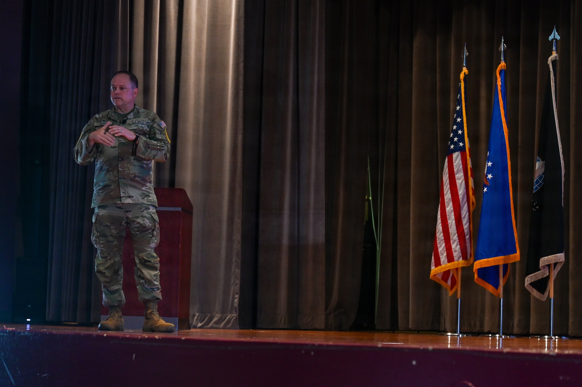 U.S. Space Force Col. James T. Horne III, Space Launch Delta 30 commander, speaks during an all-call.