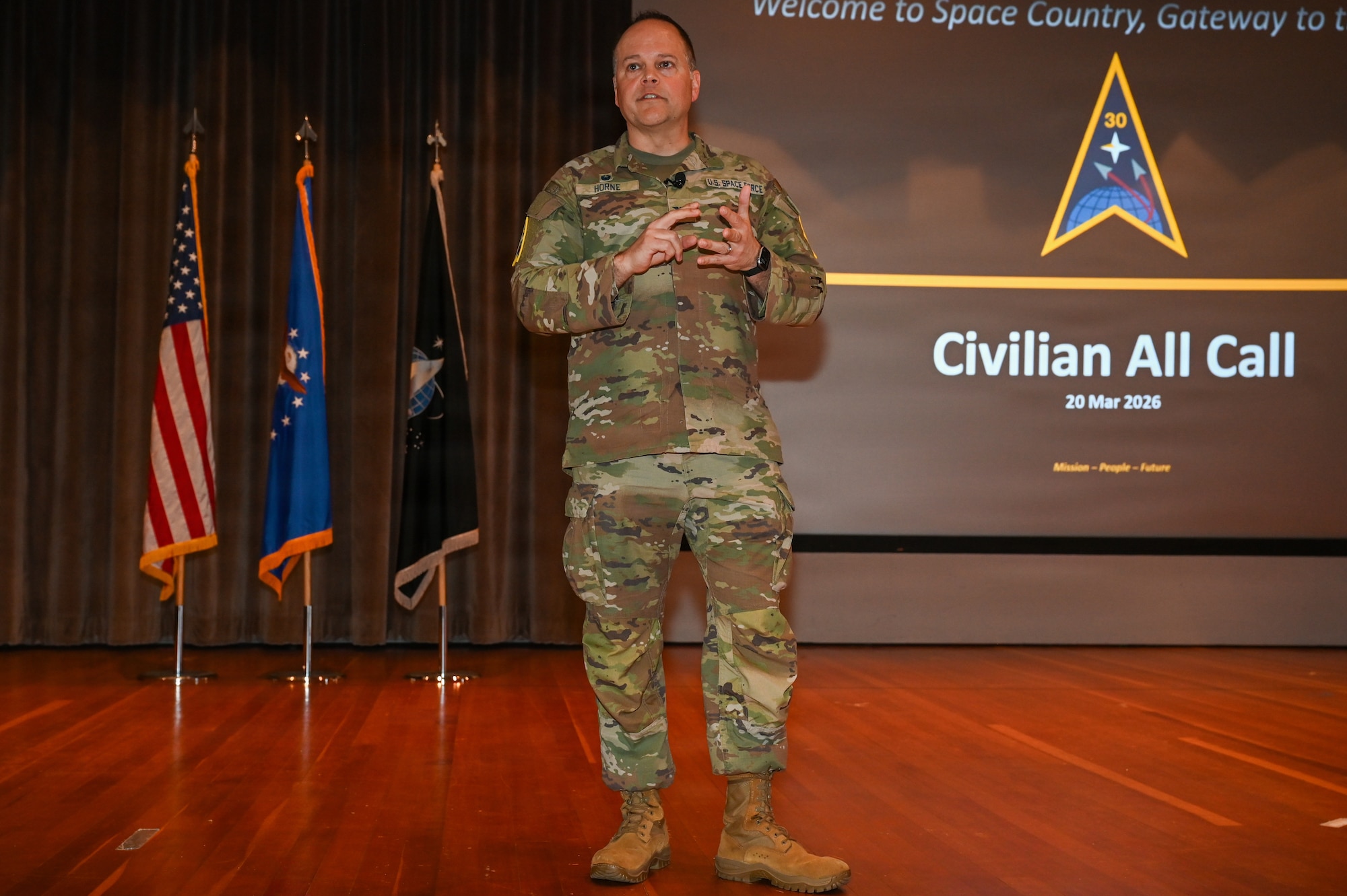 U.S. Space Force Col. James T. Horne III, Space Launch Delta 30 commander, speaks during an all-call.