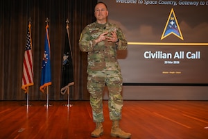 U.S. Space Force Col. James T. Horne III, Space Launch Delta 30 commander, speaks during an all-call.