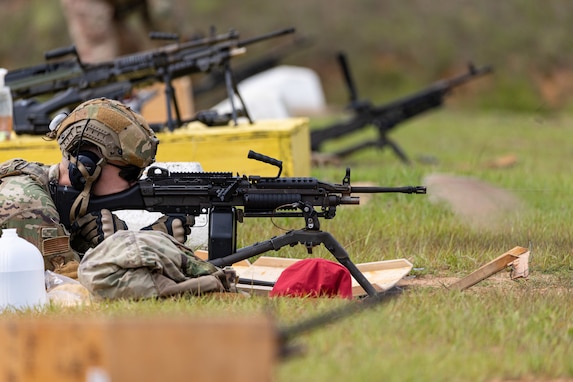 U.S. Airmen with the 116th Security Forces Squadron, Georgia Air National Guard, engage thier targets during a live fire training exercise at Fort Novosel, Alabama, June 11, 2025. The exercise improves the members accuracy, efficiency and lethality while operating crew served weapons systems. (U.S. Air National Guard photo by Master Sgt. Jeff Rice)