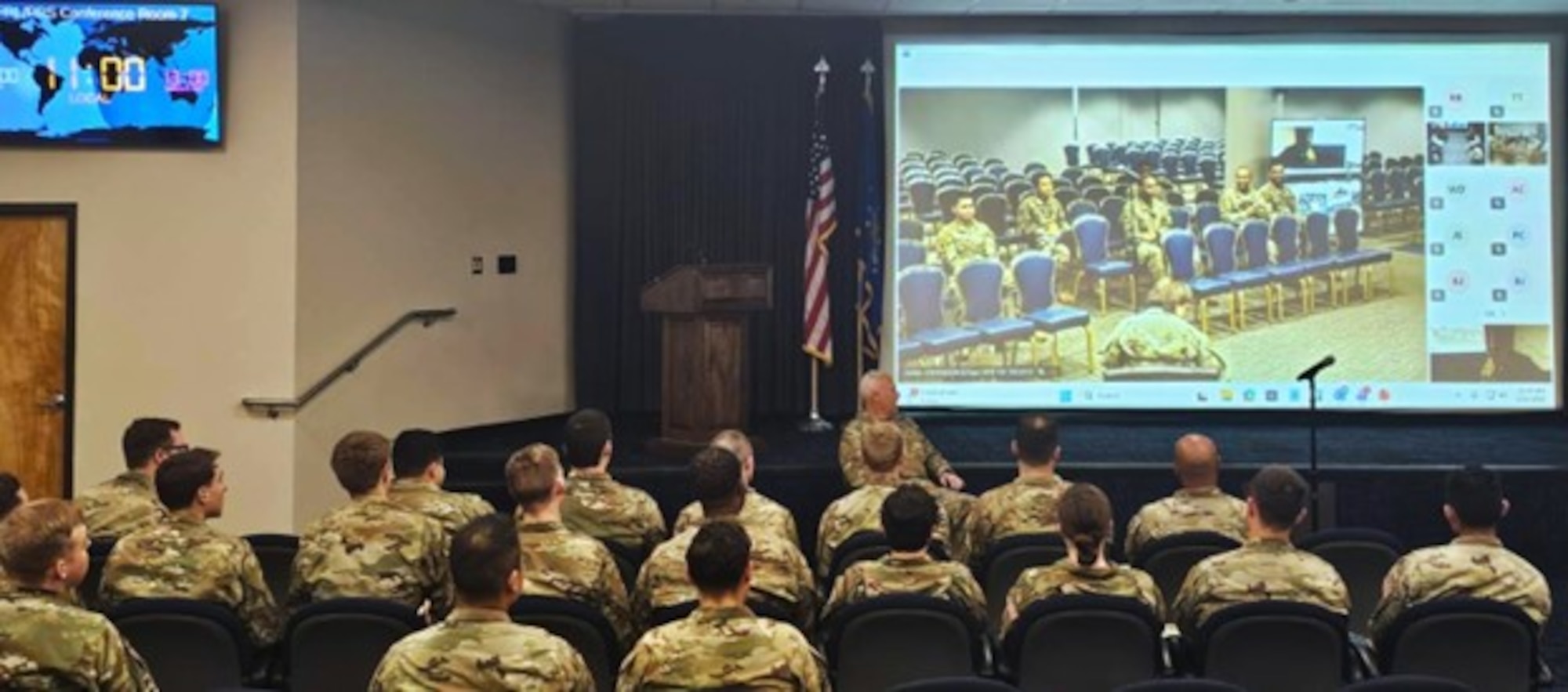 KIRTLAND AIR FORCE BASE, N.M. — Lt. Gen. Philip Garrant, commander Space Systems Command (SSC), speaks to a group of junior U.S. Space Force (USSF) officers at Kirtland Air Force Base, N.M. on Thursday, Feb. 26, 2026. Lt. Gen. Garrant spoke on the current state of SSC and its future direction in a cross-talk simultaneously broadcast to company grade officers (CGO), which are officers from O-1 to O-3, at Schriever Space Force Base in Colorado Springs, Colo. and Los Angeles Air Force Base in El Segundo, Calif.