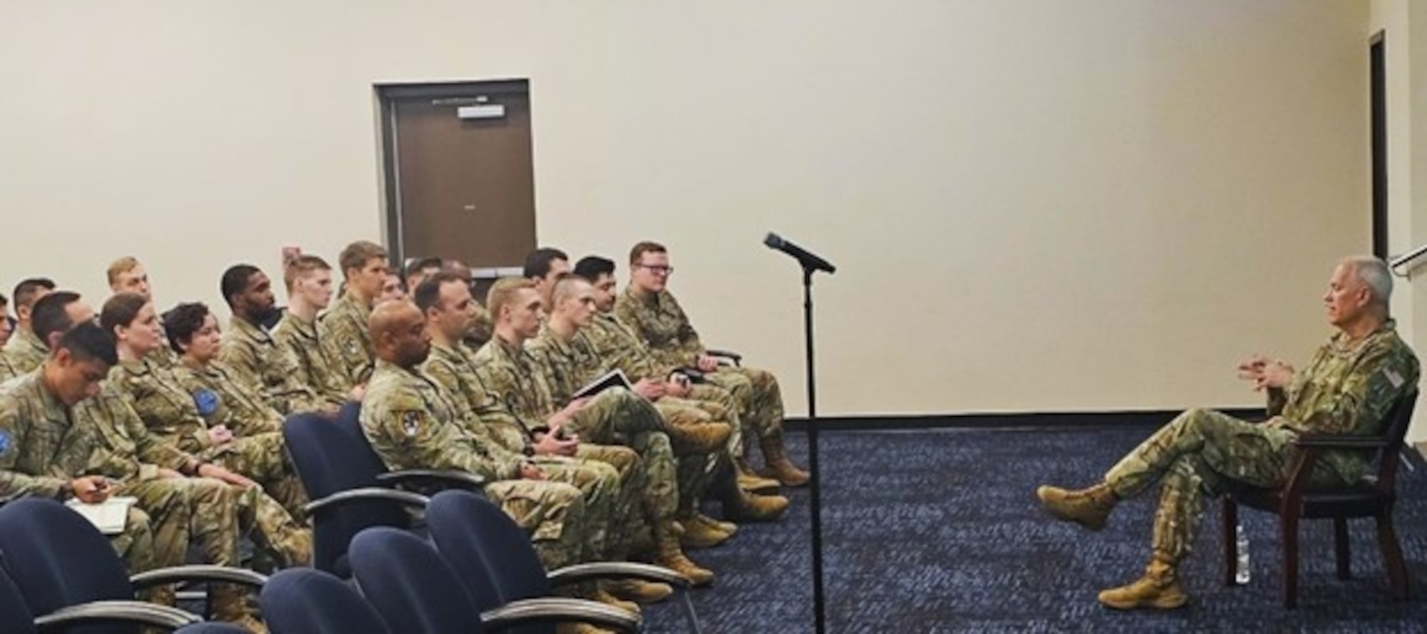 KIRTLAND AIR FORCE BASE, N.M. — Lt. Gen. Philip Garrant, commander Space Systems Command (SSC), speaks to a group of junior U.S. Space Force (USSF) officers at Kirtland Air Force Base, N.M. on Thursday, Feb. 26, 2026. Lt. Gen. Garrant spoke on the current state of SSC and its future direction in a cross-talk simultaneously broadcast to company grade officers (CGO), which are officers from O-1 to O-3, at Schriever Space Force Base in Colorado Springs, Colo. and Los Angeles Air Force Base in El Segundo, Calif.