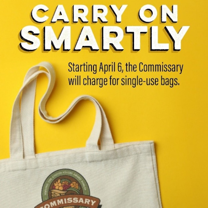 The Arnold Air Force Base Commissary at Arnold AFB, Tenn., and other military commissaries across the nation will begin April 6, 2026, charging for single-use paper and plastic bags. The cost for each plastic bag is 5 cents, while the price for each paper bag is 10 cents. To avoid the charge, patrons are encouraged to bring their own bags from home or purchase reusable bags. (Courtesy graphic)