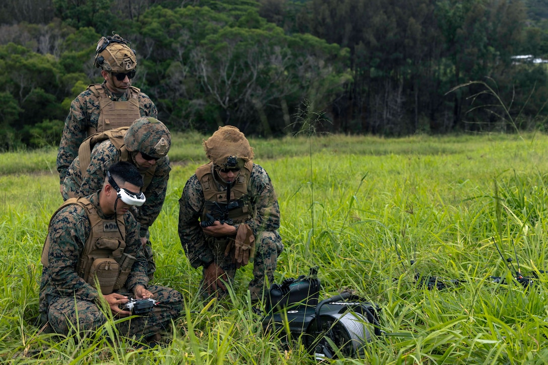 U.S. Marines with 3rd Littoral Combat Team, 3rd Marine Littoral Regiment, 3rd Marine Division, operate a Neros Archer first-person view drone during the Marine Corps Attack Drone Competition at Schofield Barracks, Hawaii, March 12, 2026.