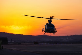 A U.S. Marine Corps UH-1Y Venom with Marine Light Attack Helicopter Squadron 369, Marine Aircraft Group 36, 1st Marine Aircraft Wing lands at Osan Air Base, Gyeonggi-do, South Korea in preparation for KMEP 26.1, March 19, 2026.