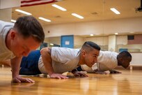 U.S. Air Force Chief Master Sergeants Cole Reinbold, 36th Airlift Squadron senior enlisted leader, Carlos Damian, U.S. Forces Japan command senior enlisted leader, and Senior Master Sgt. Lonnie Sapp, U.S. Forces Japan J33 current operations senior enlisted leader, perform push-ups during a diagnostic physical fitness readiness assessment at Yokota Air Base, Japan, March 11, 2026.