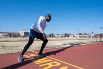Senior Master Sgt. Lonnie Sapp, U.S. Forces Japan J33 current operations senior enlisted leader, performs a high aerobic multi-shuttle run (HAMR) during a diagnostic physical fitness readiness assessment at Yokota Air Base, Japan, March 11, 2026.
