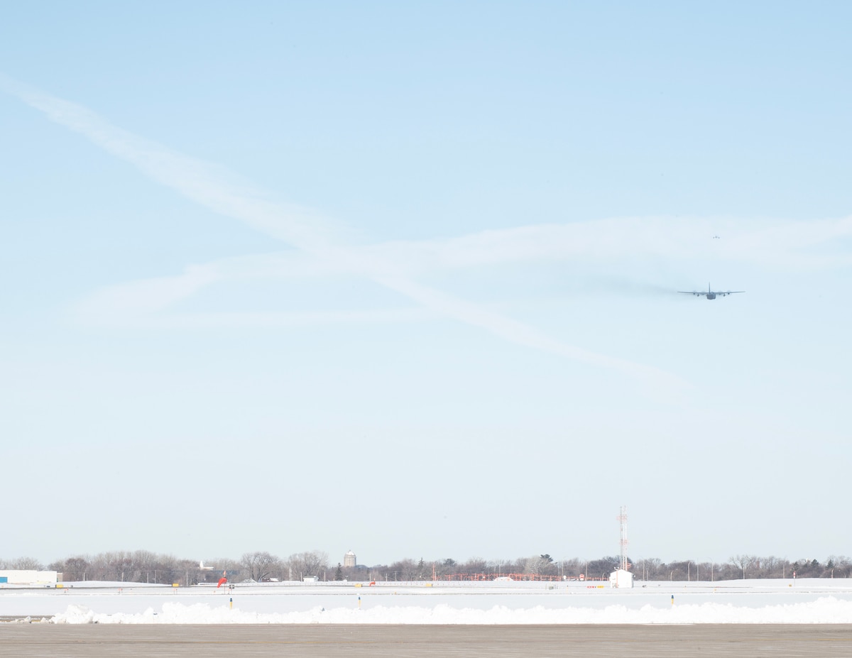 A U.S. Air Force C-130H3 Hercules assigned to the 133rd Airlift Wing takes off from Minneapolis-St. Paul International Airport in St. Paul, Minn., Feb. 21, 2026.