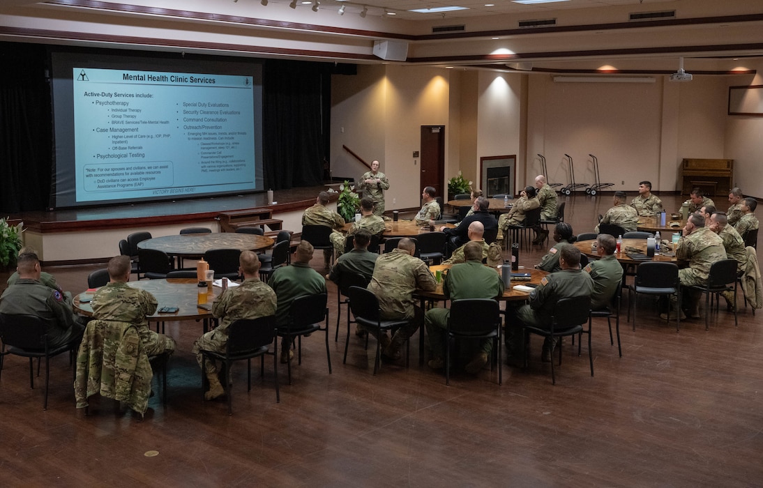 A Mental Health Symposium is held at Altus Air Force Base, Oklahoma, March 17, 2026. Hosted by the Mental Health Clinic at Altus, the event brought together 97th Air Mobility Wing squadron commanders, group commanders, senior enlisted leaders, first sergeants, and Victim Advocates from the Sexual Assault Response and Prevention team to discuss how programs under the mental health clinic can guide leaders to support their Airmen in pursuit of mission readiness. (U.S. Air Force photo by Airman 1st Class Emma Wright)