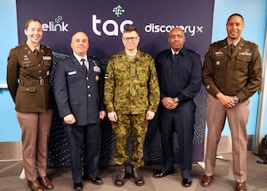 Maryland National Guard leadership and a member of the Estonian Defence Forces take a group photo at the Technology Advancement Center in Howard County for the second state-led critical infrastructure cyber workshop focused on the energy sector, March 18, 2026. The three-day Critical Infrastructure Cyber Resilience Workshop Part Two was co-organized by the Office of the Under Secretary of War for Acquisition and Sustainment Cyber Warfare Directorate, the Maryland National Guard, and the state of Maryland. (U.S. National Guard Photo by Maj. Benjamin Hughes)