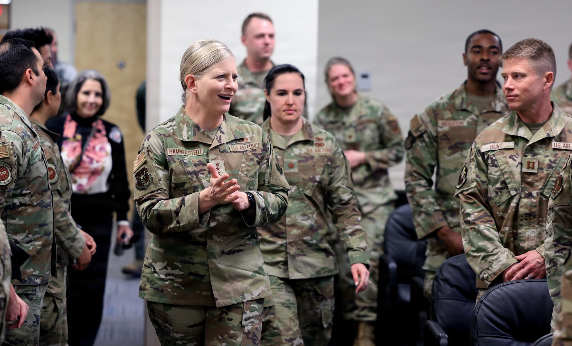 t. Gen. Jennifer Hammerstedt, commander of Air Force Sustainment Center, is welcomed by future maintenance and logistics officers from the Air Force Logistics Officer School.